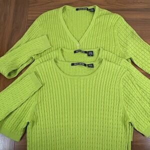 Evelyn & Arthur Lime Green Silk Blend Cable Knit 3 Pc Cardigan Sweater Set Sz M